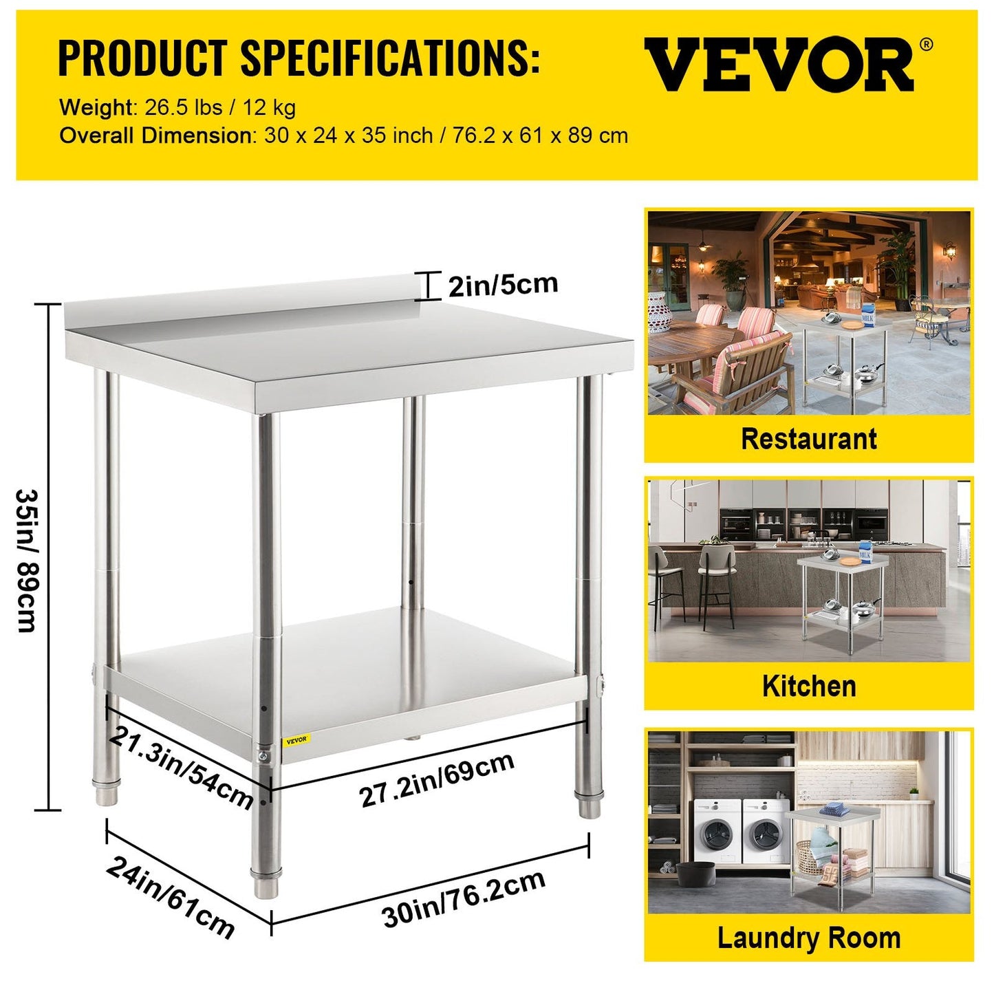 Stainless Steel Prep Table with Adjustable Shelf and Backsplash, 200 kg Capacity