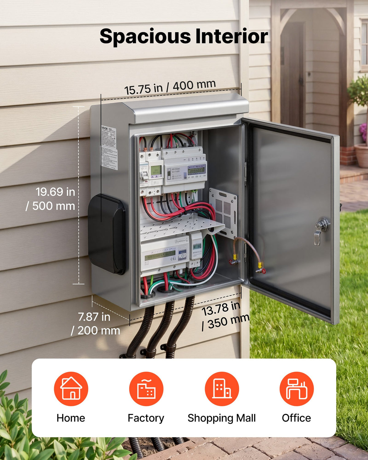 Outdoor Electrical Box, 500 x 400 x 200 mm, Stainless Steel Ventilated Electrical Enclosure with Thermostat and Fan, Rain Hood, Hinge Connection, IP65 Waterproof Junction Box, Wall/Pole Mounted,