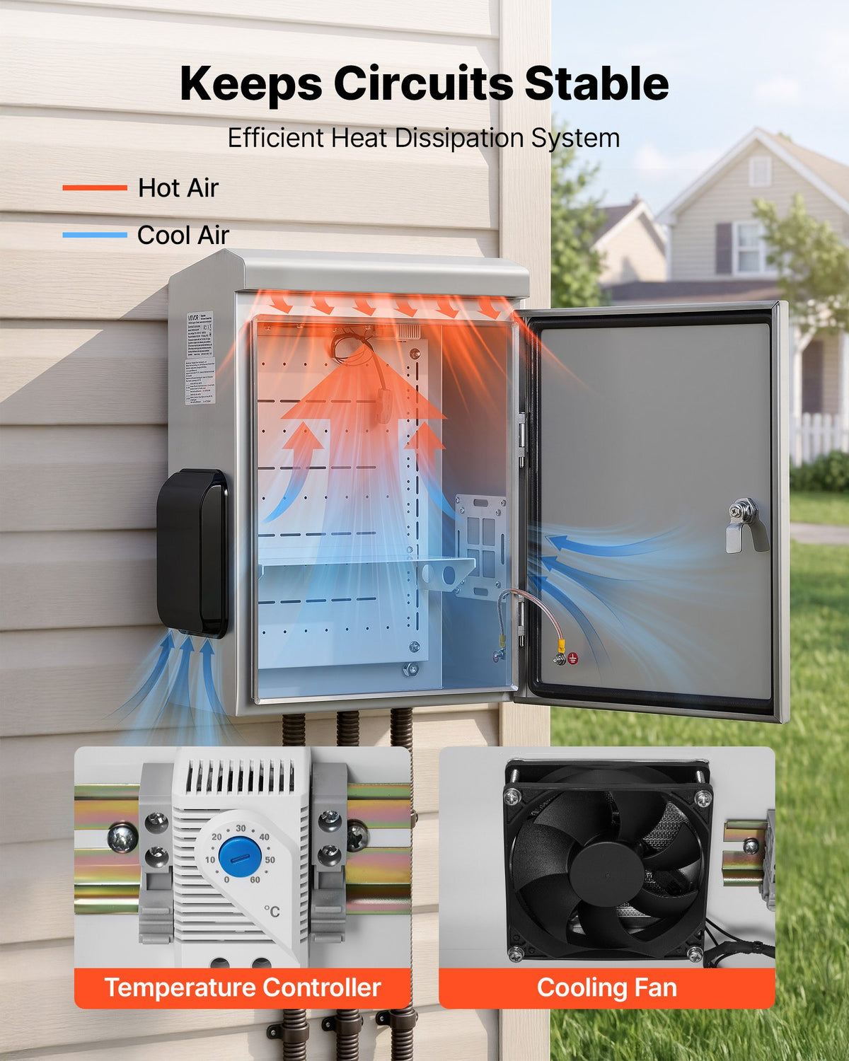Outdoor Electrical Box, 500 x 400 x 200 mm, Stainless Steel Ventilated Electrical Enclosure with Thermostat and Fan, Rain Hood, Hinge Connection, IP65 Waterproof Junction Box, Wall/Pole Mounted,