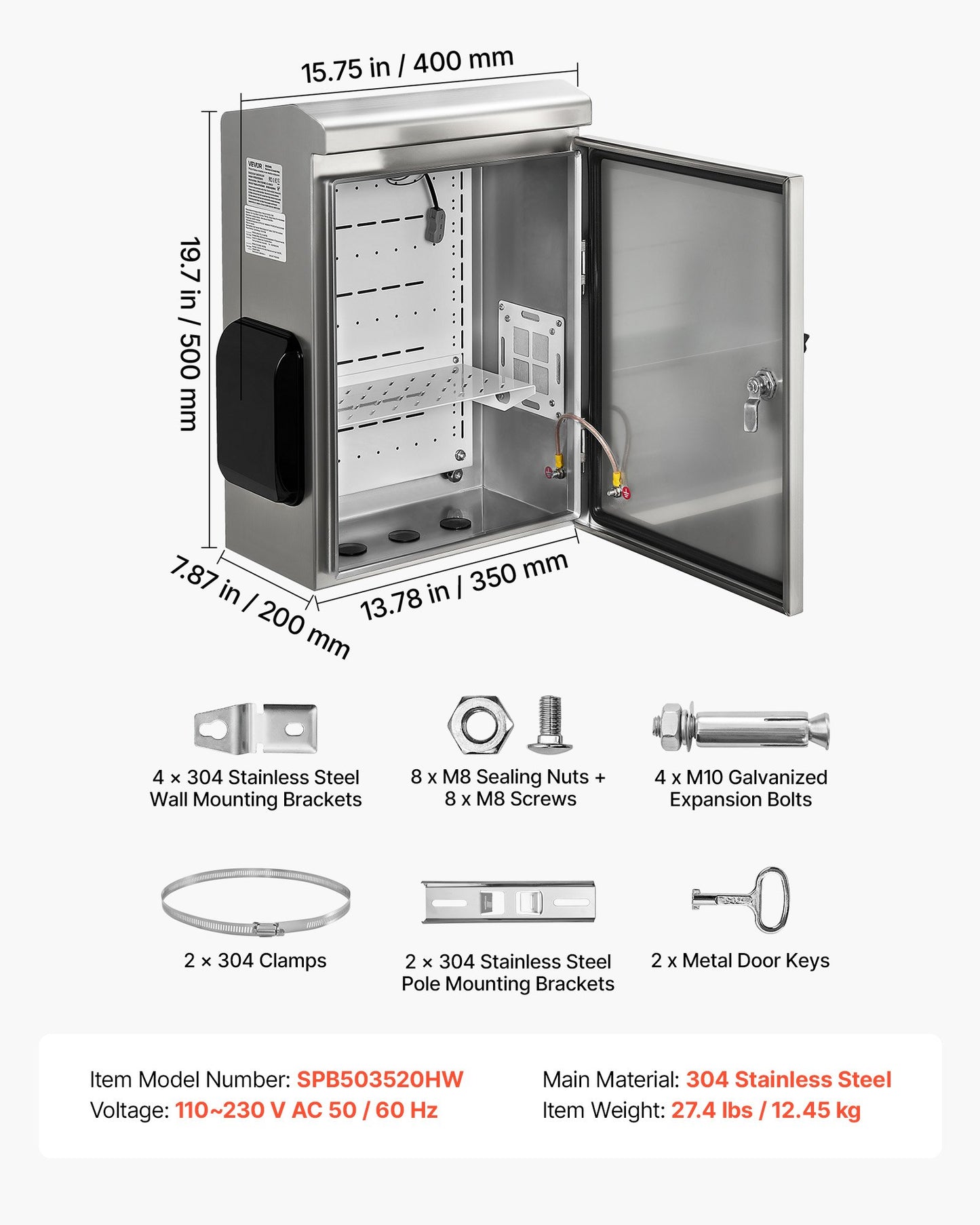 Outdoor Electrical Box, 500 x 400 x 200 mm, Stainless Steel Ventilated Electrical Enclosure with Thermostat and Fan, Rain Hood, Hinge Connection, IP65 Waterproof Junction Box, Wall/Pole Mounted,