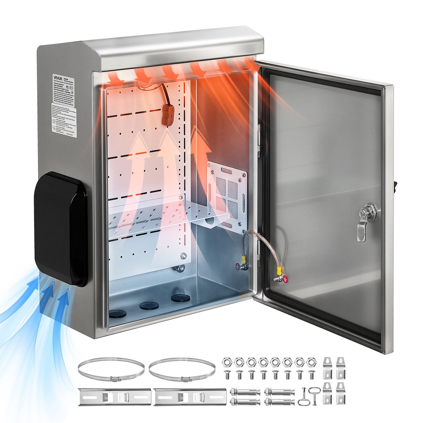 Outdoor Electrical Box, 500 x 400 x 200 mm, Stainless Steel Ventilated Electrical Enclosure with Thermostat and Fan, Rain Hood, Hinge Connection, IP65 Waterproof Junction Box, Wall/Pole Mounted,
