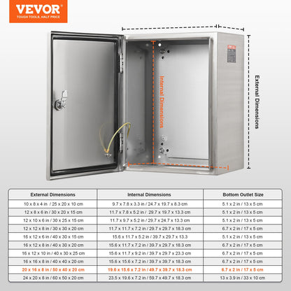 VEVOR Steel Electrical Box, 50x40x20 cm, 304 Stainless Steel Electrical Enclosure