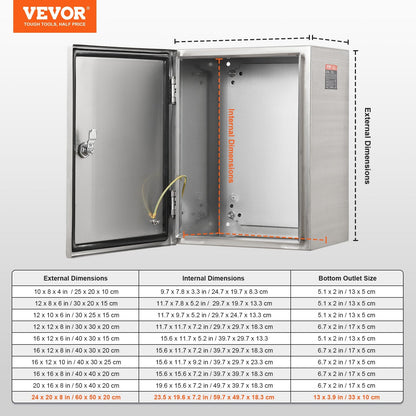 Stainless Steel IP66 Wall-Mount Electrical Enclosure, 60x50x20 cm, with Lock