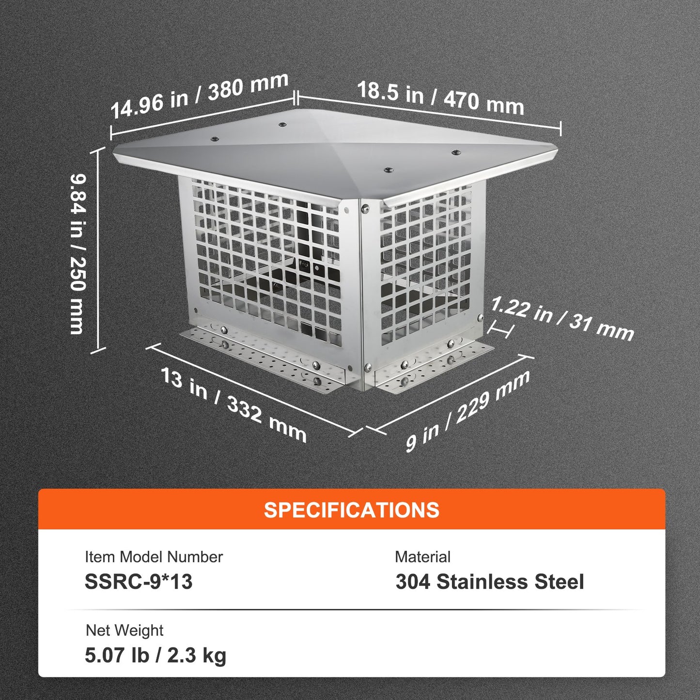 VEVOR Chimney Cap 13” x 9” 304Stainless Steel Fireplace Flue Caps Cover Mesh
