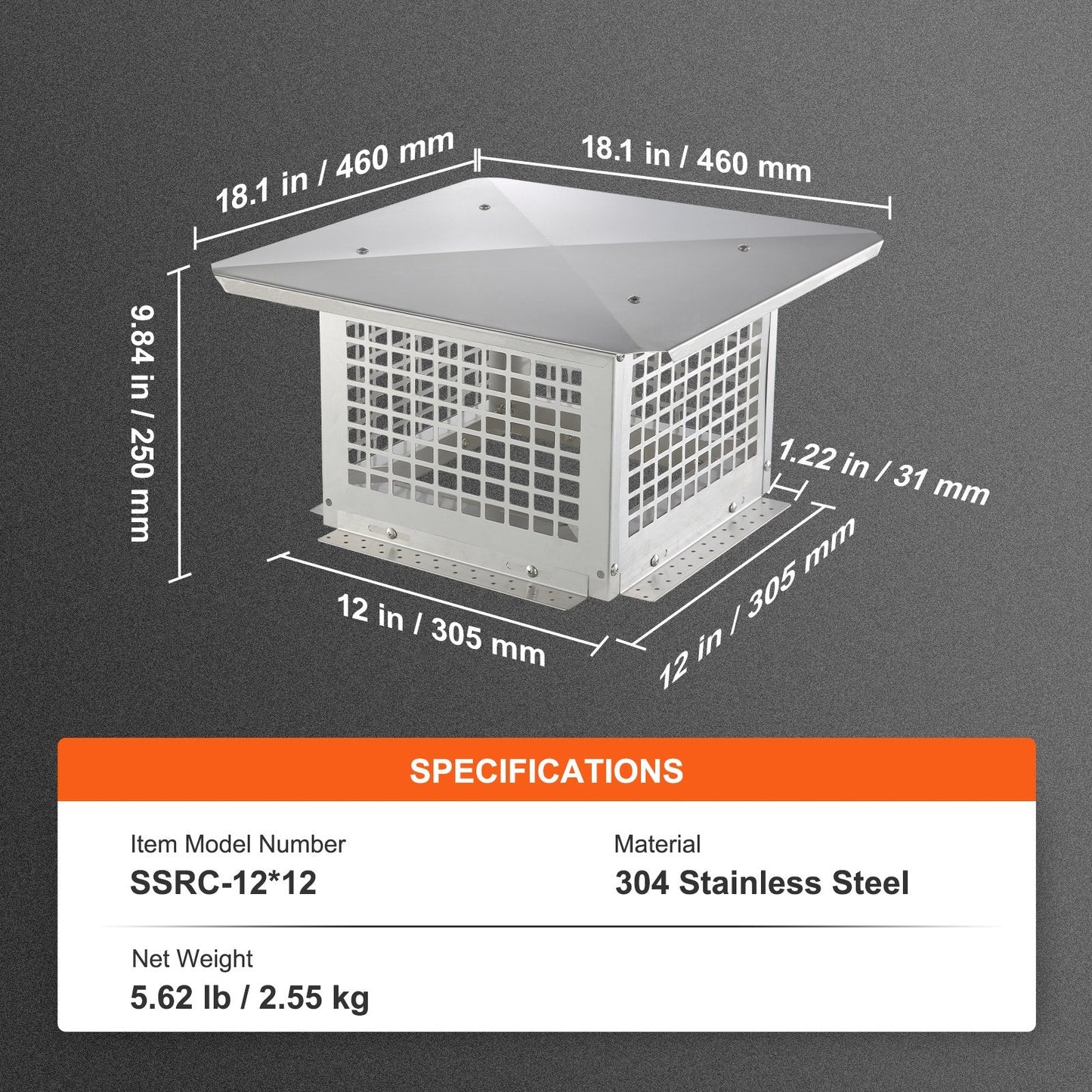 Stainless Steel Chimney Cap 0.3m x 0.3m with Removable Top and Mesh Cover