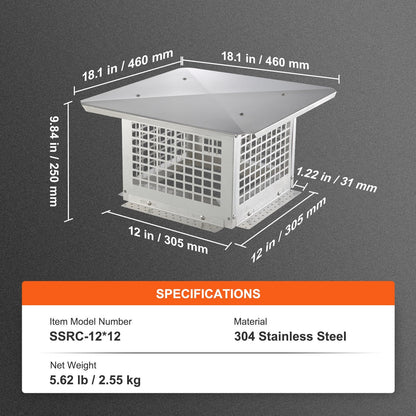 Stainless Steel Chimney Cap 0.3m x 0.3m with Removable Top and Mesh Cover