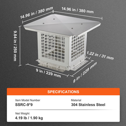 VEVOR Chimney Cap 9” x 9” 304Stainless Steel Fireplace Flue Caps Cover Mesh