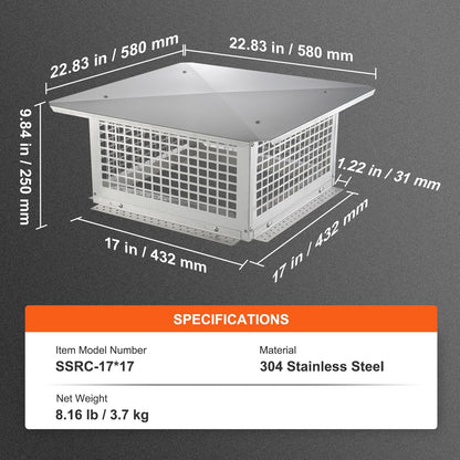Stainless Steel Chimney Cap with Mesh, 0.43m x 0.43m, Wind-Resistant Design