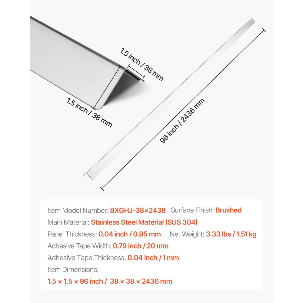 Stainless Steel Wall Corner Protector, 38 x 38 x 2436 mm, 10 Pack Metal Corner Guards, 304 Stainless Steel Edge Trim 90-