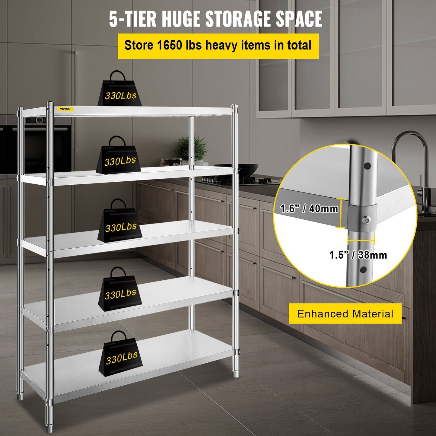 5-Tier Stainless Steel Adjustable Storage Rack for Kitchen & Garage, 150kg/Shelf