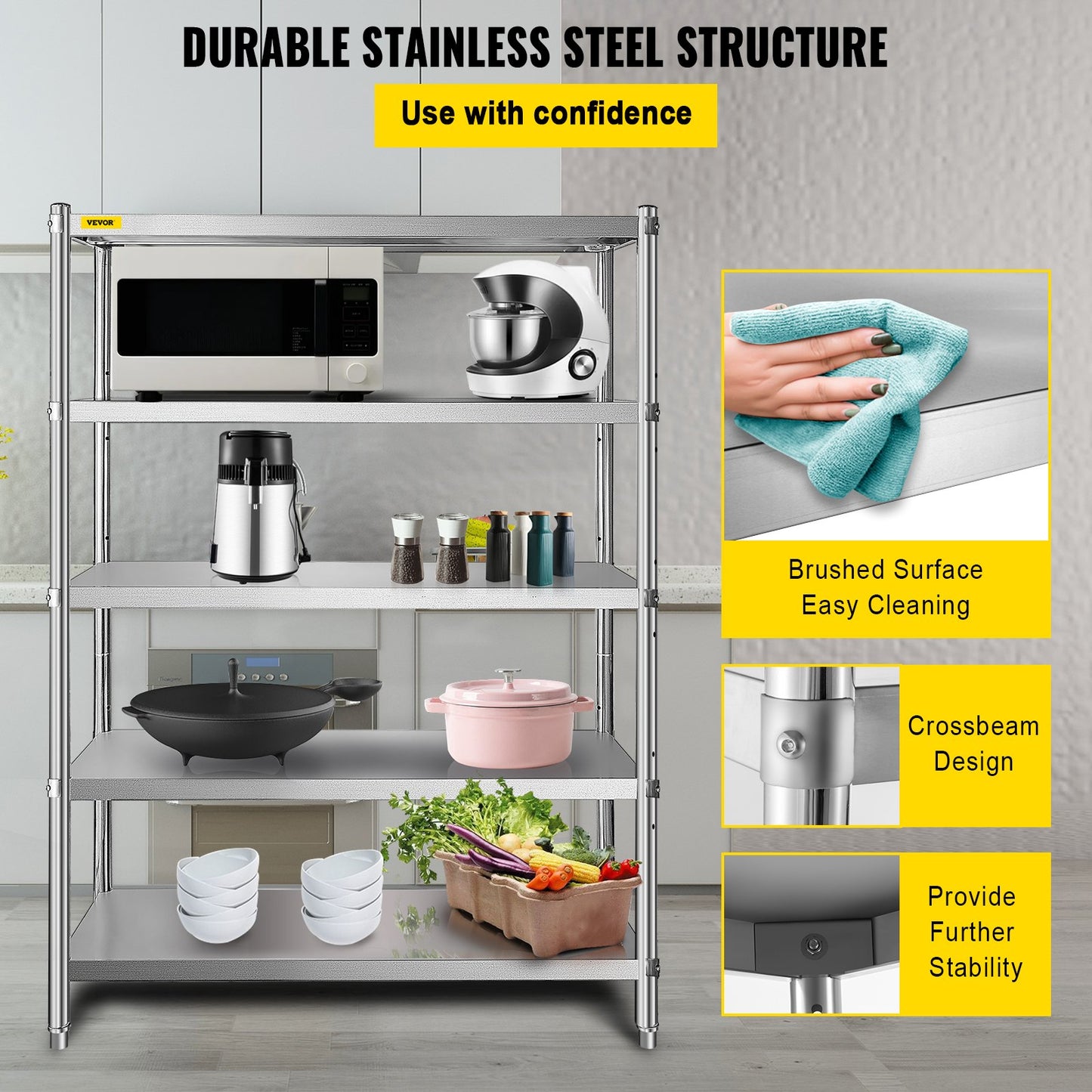 VEVOR Stainless Steel Shelves 47.5x18 Inch 5 Tier Adjustable Shelf Storage Unit
