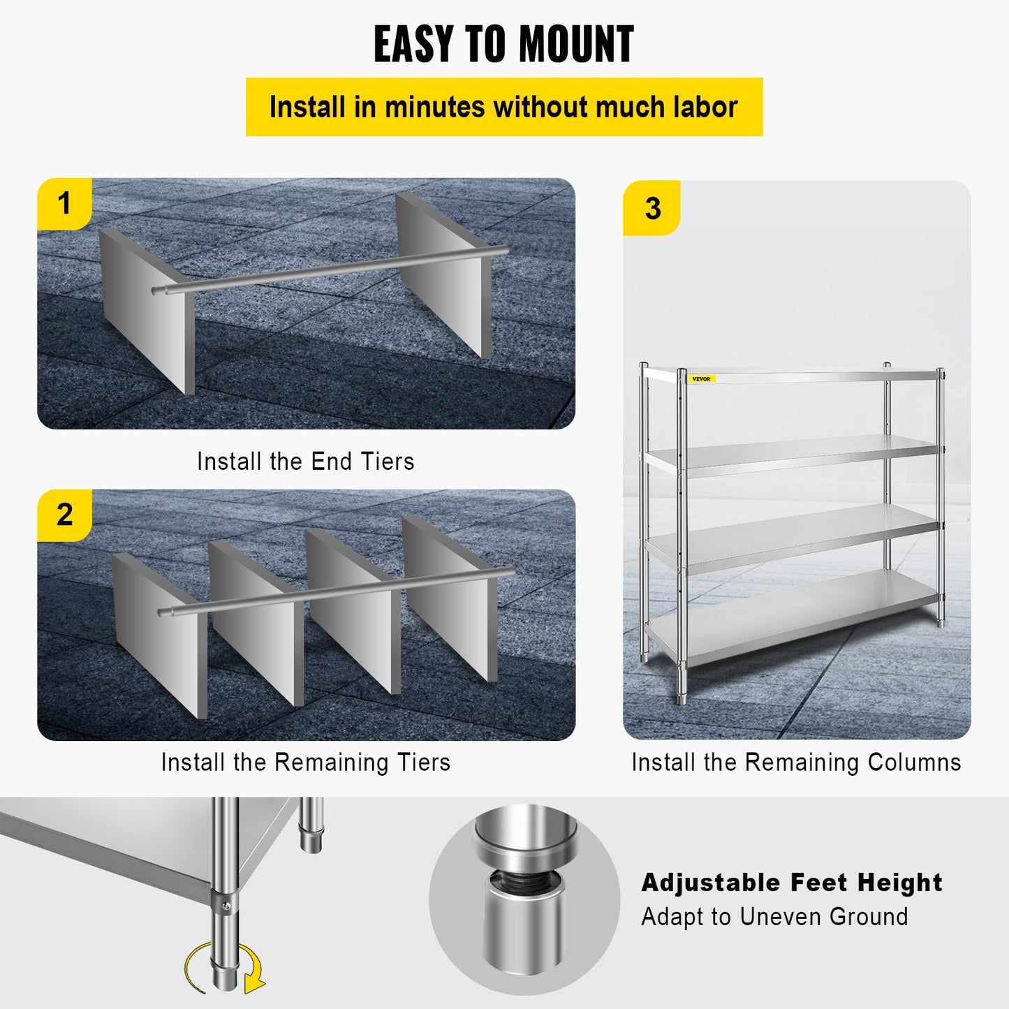 VEVOR Storage Shelf, 4-Tier Stainless Steel Shelving, Storage Shelving Unit, 70.9