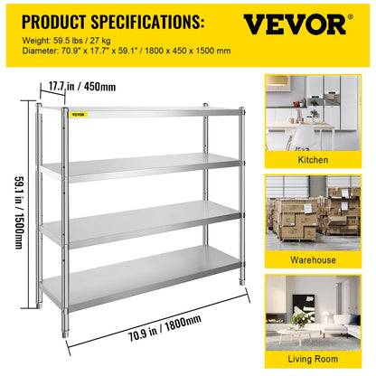 VEVOR Storage Shelf, 4-Tier Stainless Steel Shelving, Storage Shelving Unit, 70.9