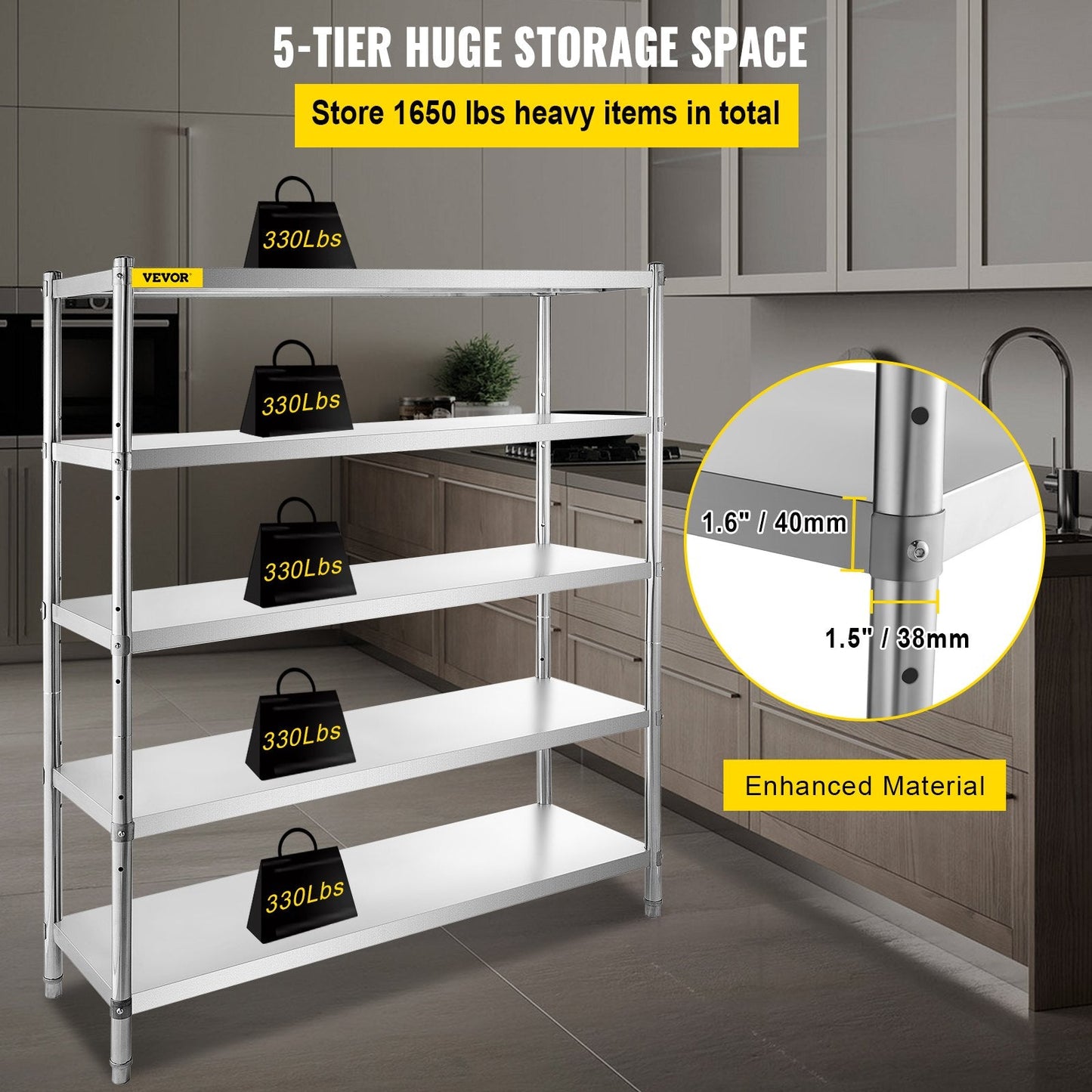 5-Tier Stainless Steel Garage Shelf, Adjustable, 750 kg Capacity, 1.8 x 0.45 x 1.8m