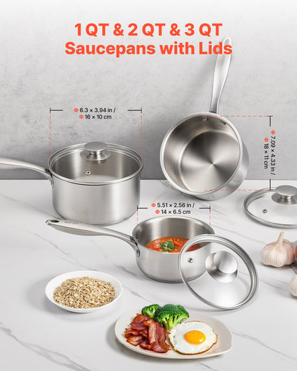 Stainless Steel Saucepan Set, 1 QT & 2 QT & 3 QT Saucepans with Glass Lids, Multipurpose Nonstick Stainless Steel Sauce Pot with Ergonomic Handle, Friendly for Oven, Dishwasher, Induction Cooker