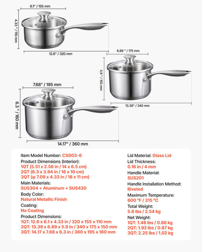 Stainless Steel Saucepan Set, 1 QT & 2 QT & 3 QT Saucepans with Glass Lids, Multipurpose Nonstick Stainless Steel Sauce Pot with Ergonomic Handle, Friendly for Oven, Dishwasher, Induction Cooker