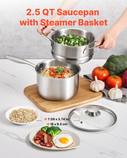 2.5 QT Saucepan with Steamer, Stainless Steel Saucepan with Glass Lid, Multipurpose Nonstick Stainless Steel Sauce Pot with Ergonomic Handle, Friendly for Oven, Dishwasher, Induction Cooker