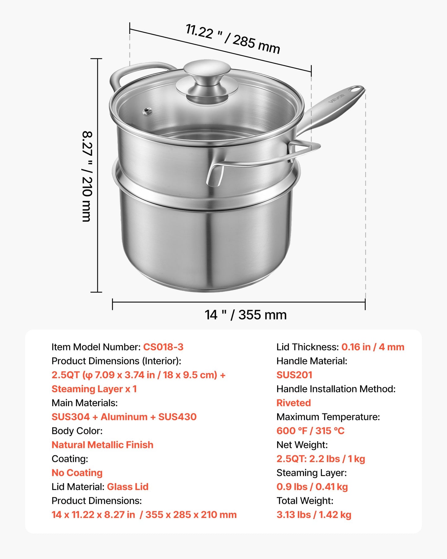 2.5 QT Saucepan with Steamer, Stainless Steel Saucepan with Glass Lid, Multipurpose Nonstick Stainless Steel Sauce Pot with Ergonomic Handle, Friendly for Oven, Dishwasher, Induction Cooker