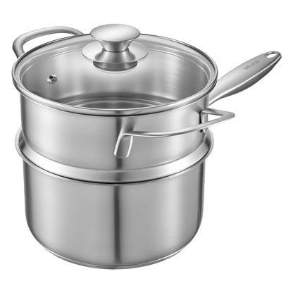 2.5 QT Saucepan with Steamer, Stainless Steel Saucepan with Glass Lid, Multipurpose Nonstick Stainless Steel Sauce Pot with Ergonomic Handle, Friendly for Oven, Dishwasher, Induction Cooker