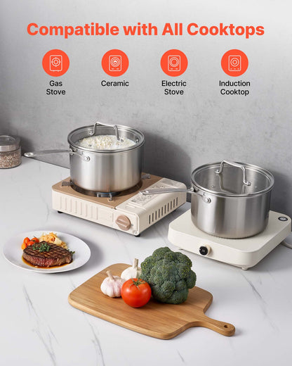 4 QT Saucepan, Stainless Steel Saucepan with Glass Lid, Multipurpose Nonstick Stainless Steel Small Cooking Sauce Pot with Ergonomic Handle, Friendly for Oven, Dishwasher, Induction Cooker