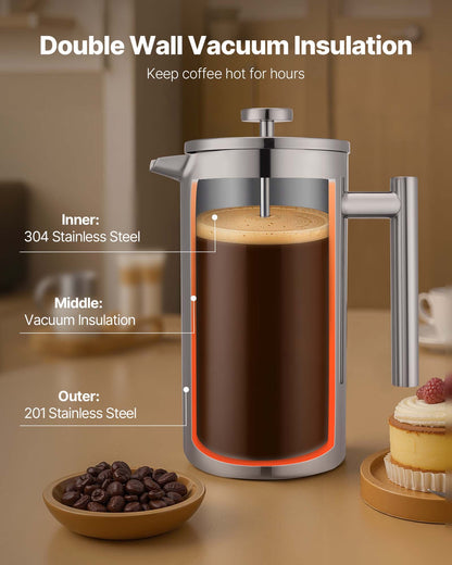 French Press Coffee Maker, 1.5 Liter Stainless Steel Coffee Press Tea Maker with Filter, Large Double Wall Insulated French Presses Cold Brew for Camping Travel Home Kitchen, Silver