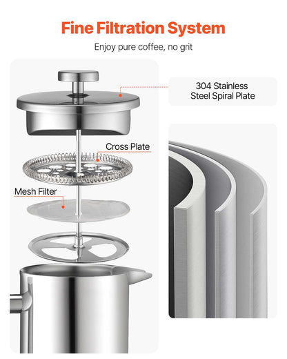 French Press Coffee Maker, 1.5 Liter Stainless Steel Coffee Press Tea Maker with Filter, Large Double Wall Insulated French Presses Cold Brew for Camping Travel Home Kitchen, Silver