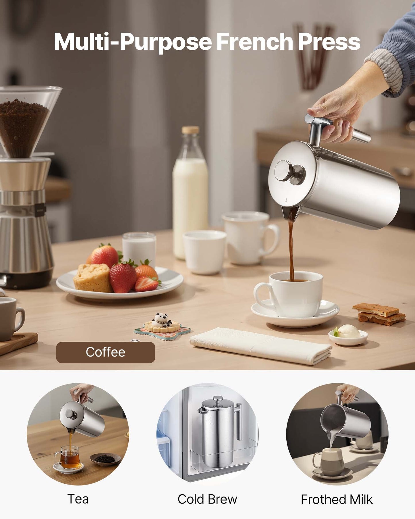 French Press Coffee Maker, 1.5 Liter Stainless Steel Coffee Press Tea Maker with Filter, Large Double Wall Insulated French Presses Cold Brew for Camping Travel Home Kitchen, Silver