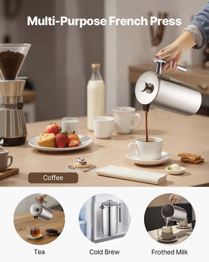 French Press Coffee Maker, 1.5 Liter Stainless Steel Coffee Press Tea Maker with Filter, Large Double Wall Insulated French Presses Cold Brew for Camping Travel Home Kitchen, Silver