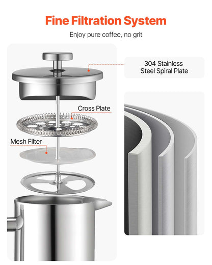 French Press Coffee Maker, 1 Liter Stainless Steel Coffee Press Tea Maker with Filter, Large Double Wall Insulated French Presses Cold Brew for Camping Travel Home Kitchen, Silver