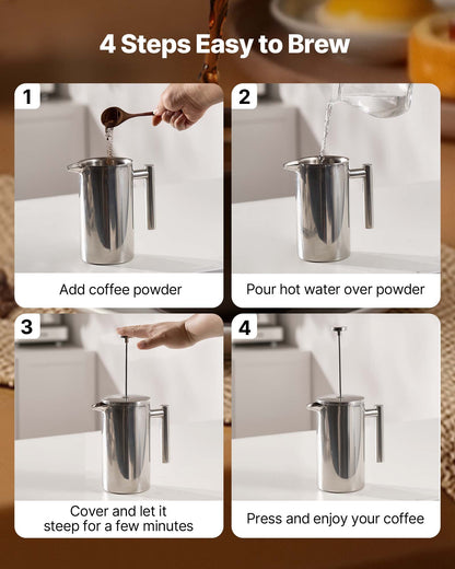 French Press Coffee Maker, 1 Liter Stainless Steel Coffee Press Tea Maker with Filter, Large Double Wall Insulated French Presses Cold Brew for Camping Travel Home Kitchen, Silver