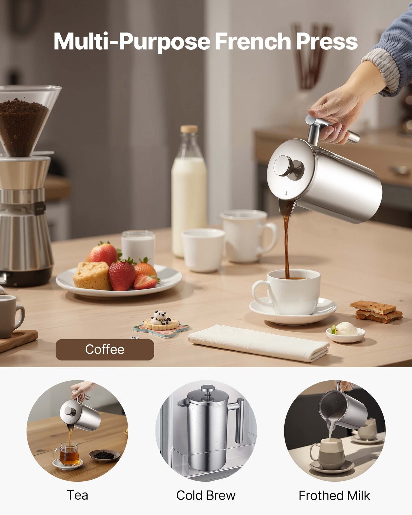 French Press Coffee Maker, 1 Liter Stainless Steel Coffee Press Tea Maker with Filter, Large Double Wall Insulated French Presses Cold Brew for Camping Travel Home Kitchen, Silver