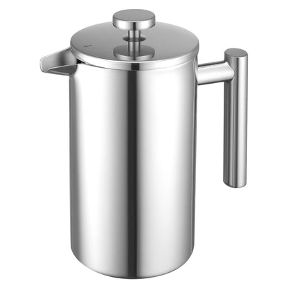 French Press Coffee Maker, 1 Liter Stainless Steel Coffee Press Tea Maker with Filter, Large Double Wall Insulated French Presses Cold Brew for Camping Travel Home Kitchen, Silver