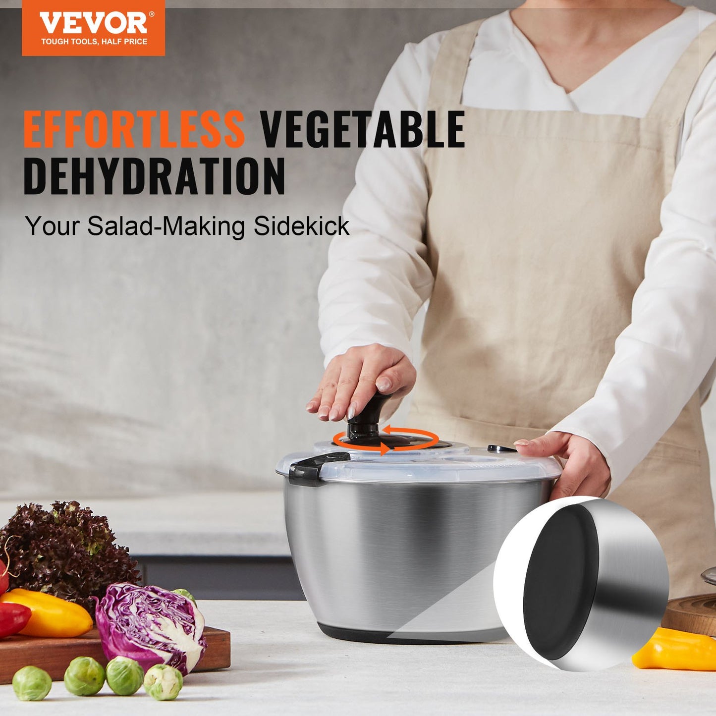 VEVOR Stainless Steel Salad Spinner, 4.5L, One-handed Easy Press Large Vegetable