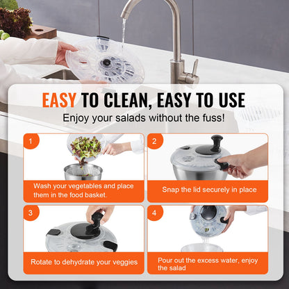 VEVOR Stainless Steel Salad Spinner, 4.5L, One-handed Easy Press Large Vegetable