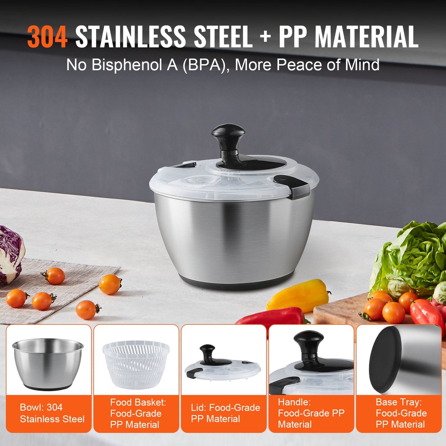 VEVOR Stainless Steel Salad Spinner, 4.5L, One-handed Easy Press Large Vegetable
