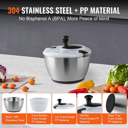 VEVOR Stainless Steel Salad Spinner, 4.5L, One-handed Easy Press Large Vegetable