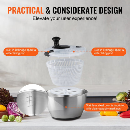 Stainless Steel Salad Spinner, 4.5L, Easy One-Hand Press, Versatile Kitchen Tool