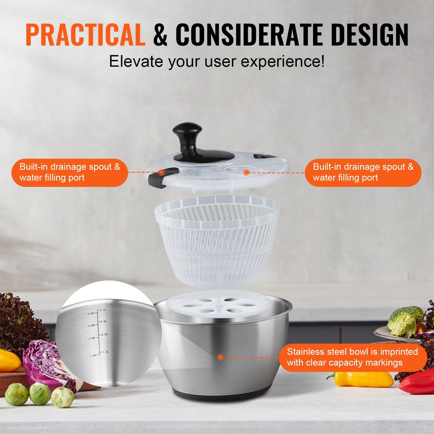 VEVOR Stainless Steel Salad Spinner, 4.5L, One-handed Easy Press Large Vegetable