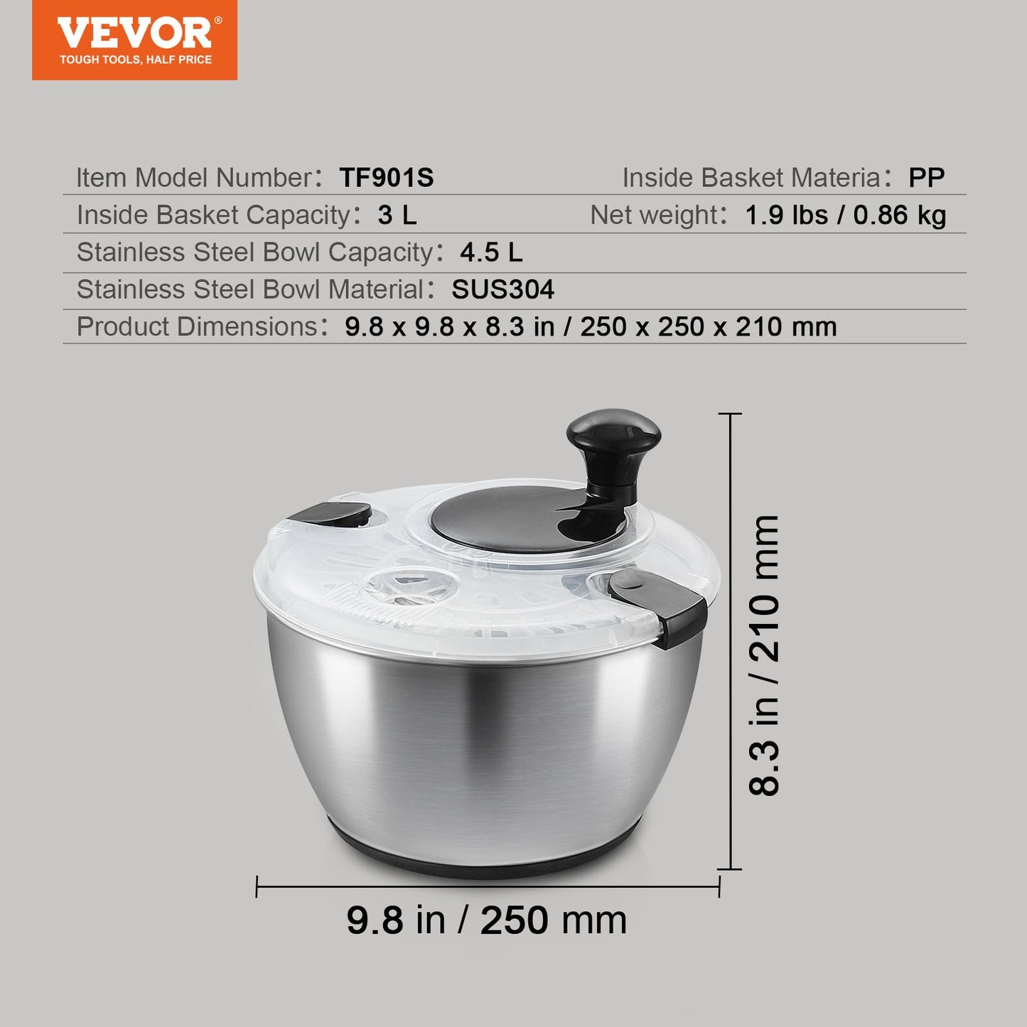 VEVOR Stainless Steel Salad Spinner, 4.5L, One-handed Easy Press Large Vegetable