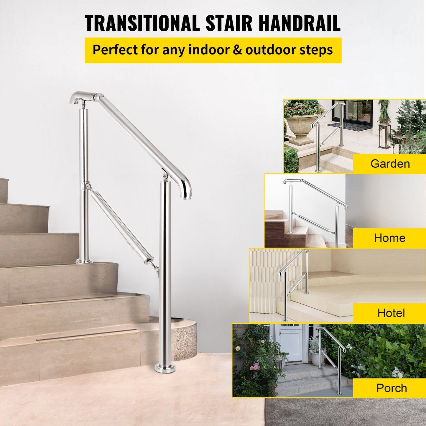 Stainless Steel Handrail for 1-3 Steps, Adjustable 100kg Capacity, Indoor/Outdoor
