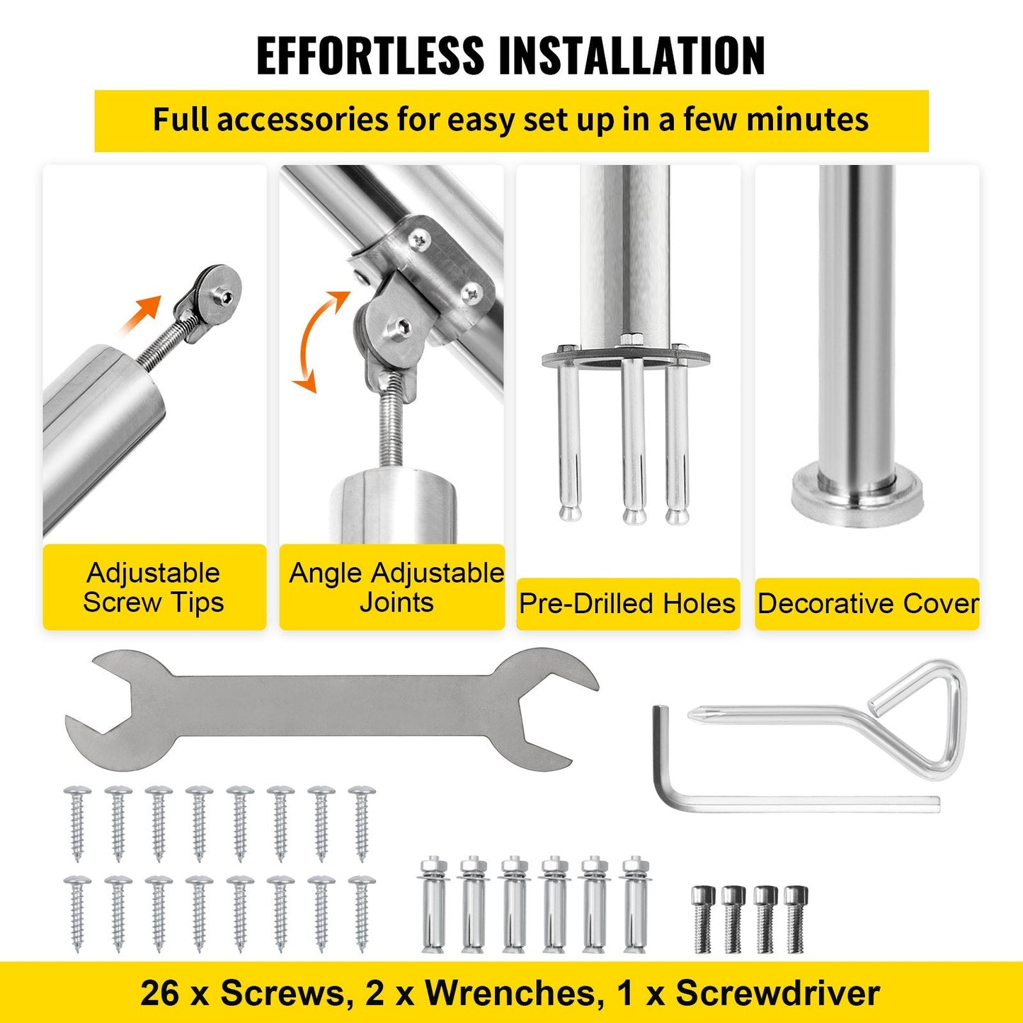 Stainless Steel Handrail for 1-3 Steps, Adjustable 100kg Capacity, Indoor/Outdoor