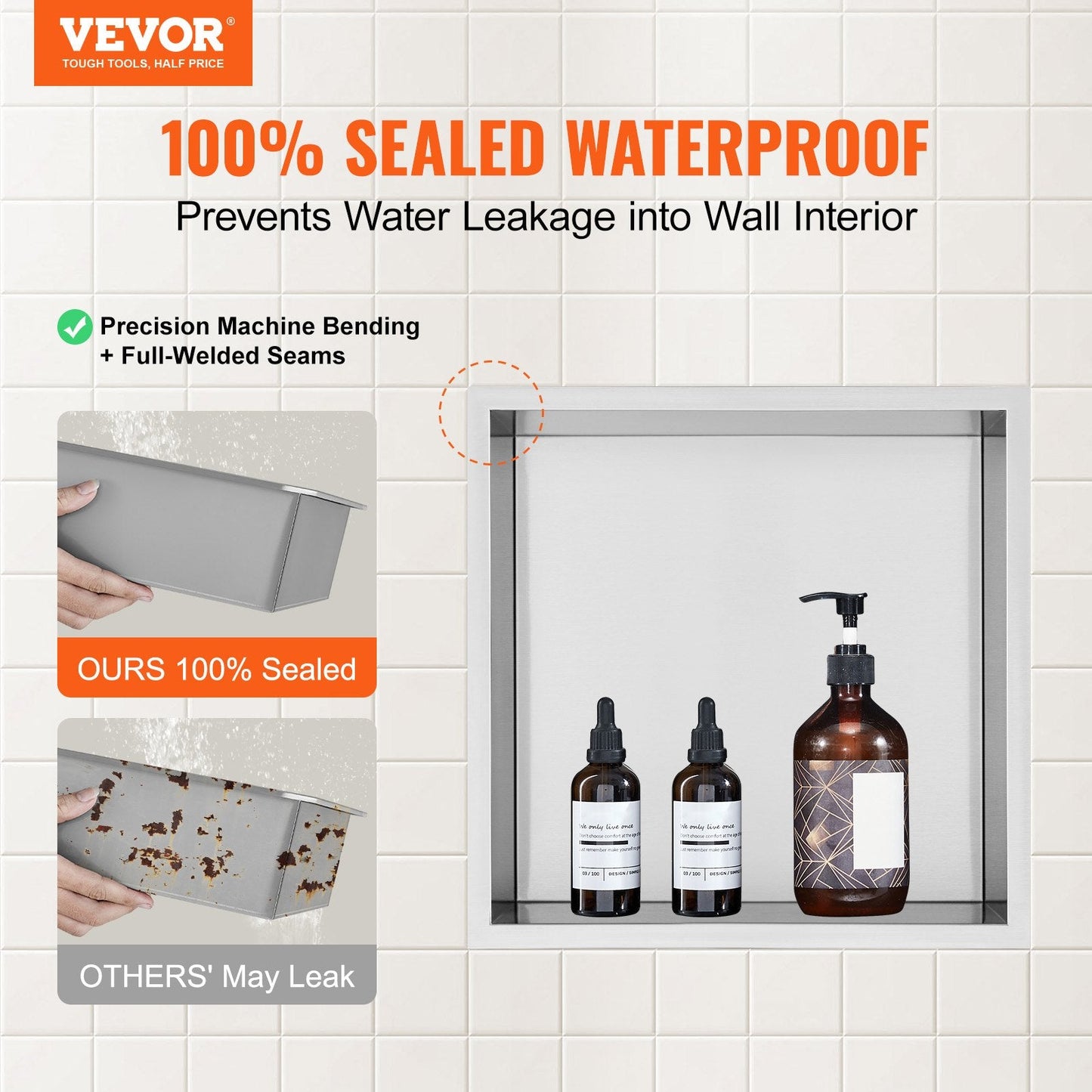 Stainless Steel Shower Niche, 33x33 cm, Recessed Double Shelves, Rust-Resistant
