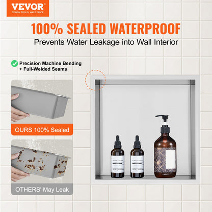 VEVOR 33.02 x 33.02 cm No Tile Shower Niche 304 Stainless Steel, Wall-Inserted Niche