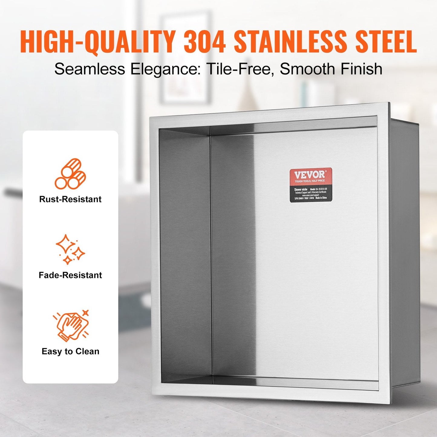 Stainless Steel Shower Niche, 33x33 cm, Recessed Double Shelves, Rust-Resistant