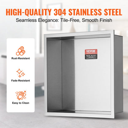VEVOR 33.02 x 33.02 cm No Tile Shower Niche 304 Stainless Steel, Wall-Inserted Niche