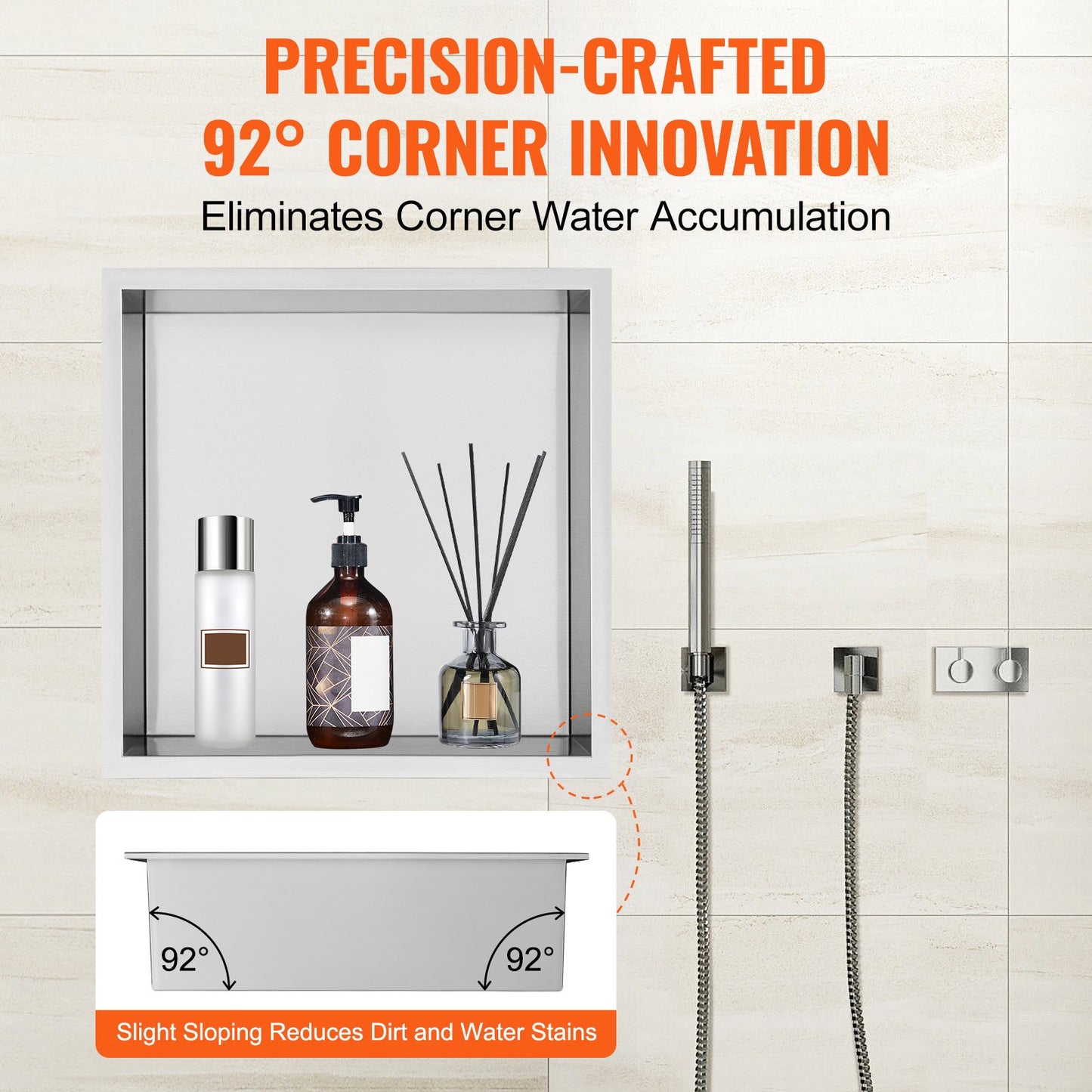 VEVOR 33.02 x 33.02 cm No Tile Shower Niche 304 Stainless Steel, Wall-Inserted Niche