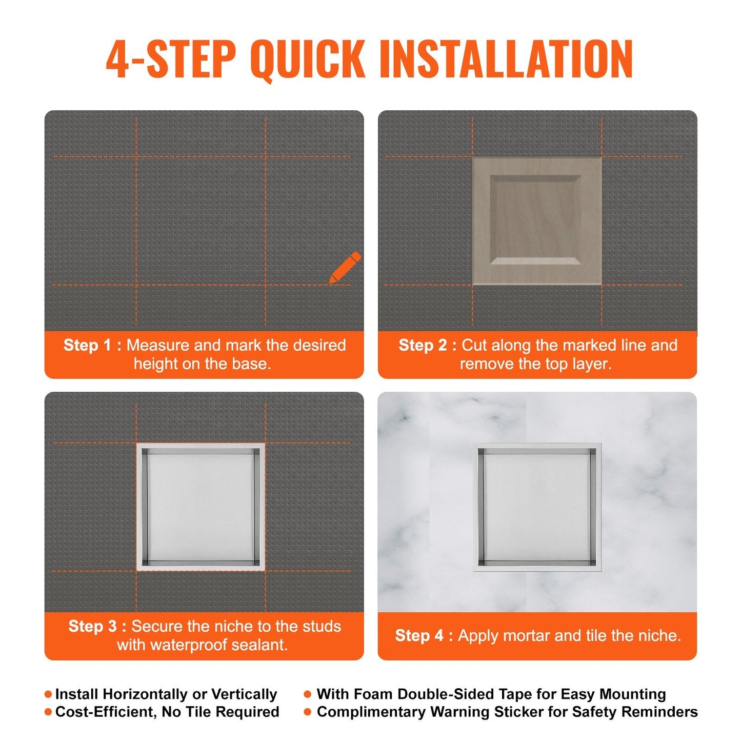 Stainless Steel Shower Niche, 33x33 cm, Recessed Double Shelves, Rust-Resistant