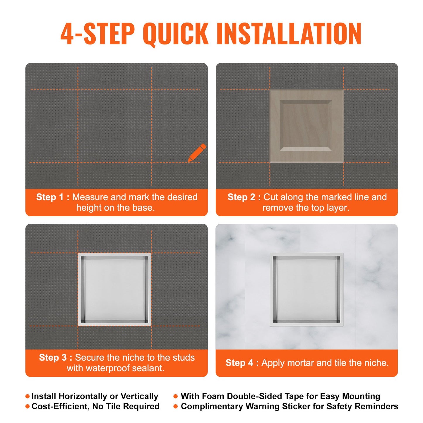 VEVOR 33.02 x 33.02 cm No Tile Shower Niche 304 Stainless Steel, Wall-Inserted Niche