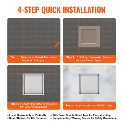 VEVOR 33.02 x 33.02 cm No Tile Shower Niche 304 Stainless Steel, Wall-Inserted Niche