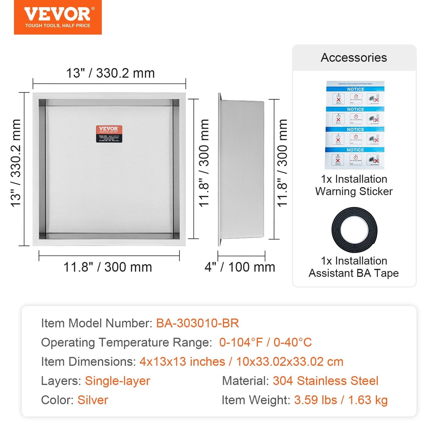 Stainless Steel Shower Niche, 33x33 cm, Recessed Double Shelves, Rust-Resistant